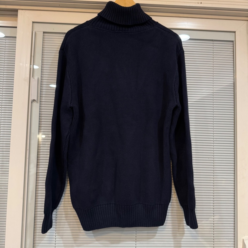 Quince Navy Blue 100% Organic Cotton Turtleneck Ribbed Knit Sweater Large Soft - Picture 2 of 5